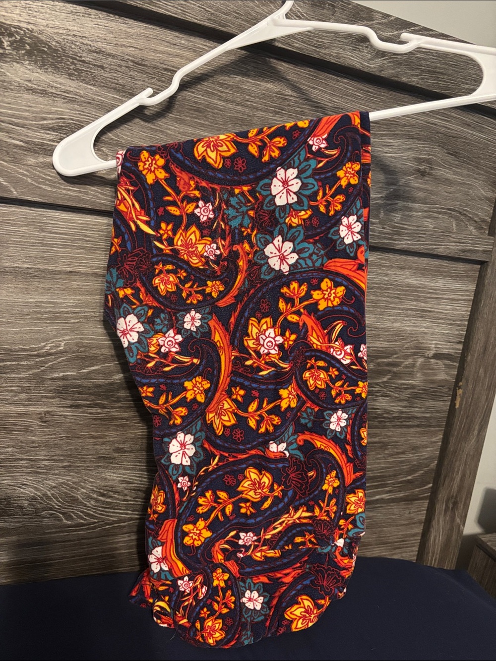 LuLaRoe Navy Paisley Leggings with Orange, Yellow & Teal